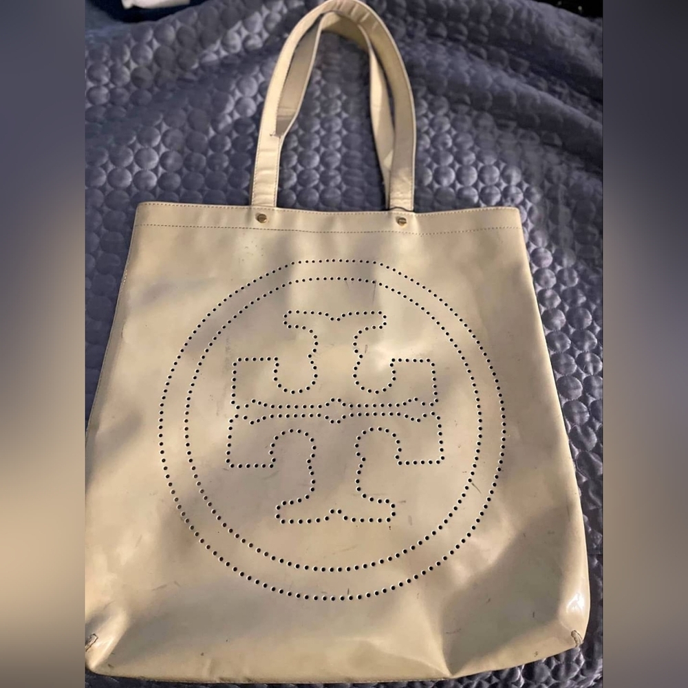 Tory Burch Designer Ella Ivory Patent leather tote bag purse handbag